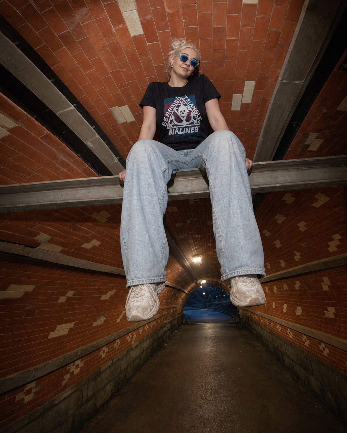 Model wearing the Rough Draft Bermuda Triangle Airlines hand-screened graphic t-shirt in a brick tunnel, wide lifestyle photo.