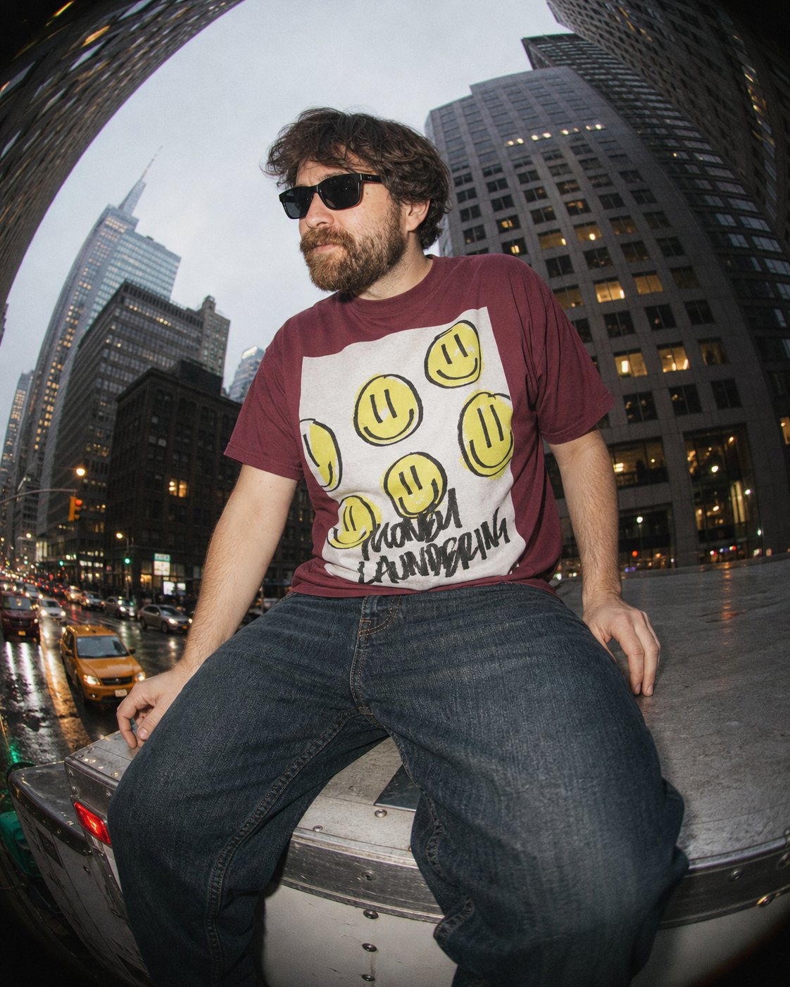 Model wearing the Rough Draft Money Laundering print on demand graphic t-shirt in New York City at night, close lifestyle photo.