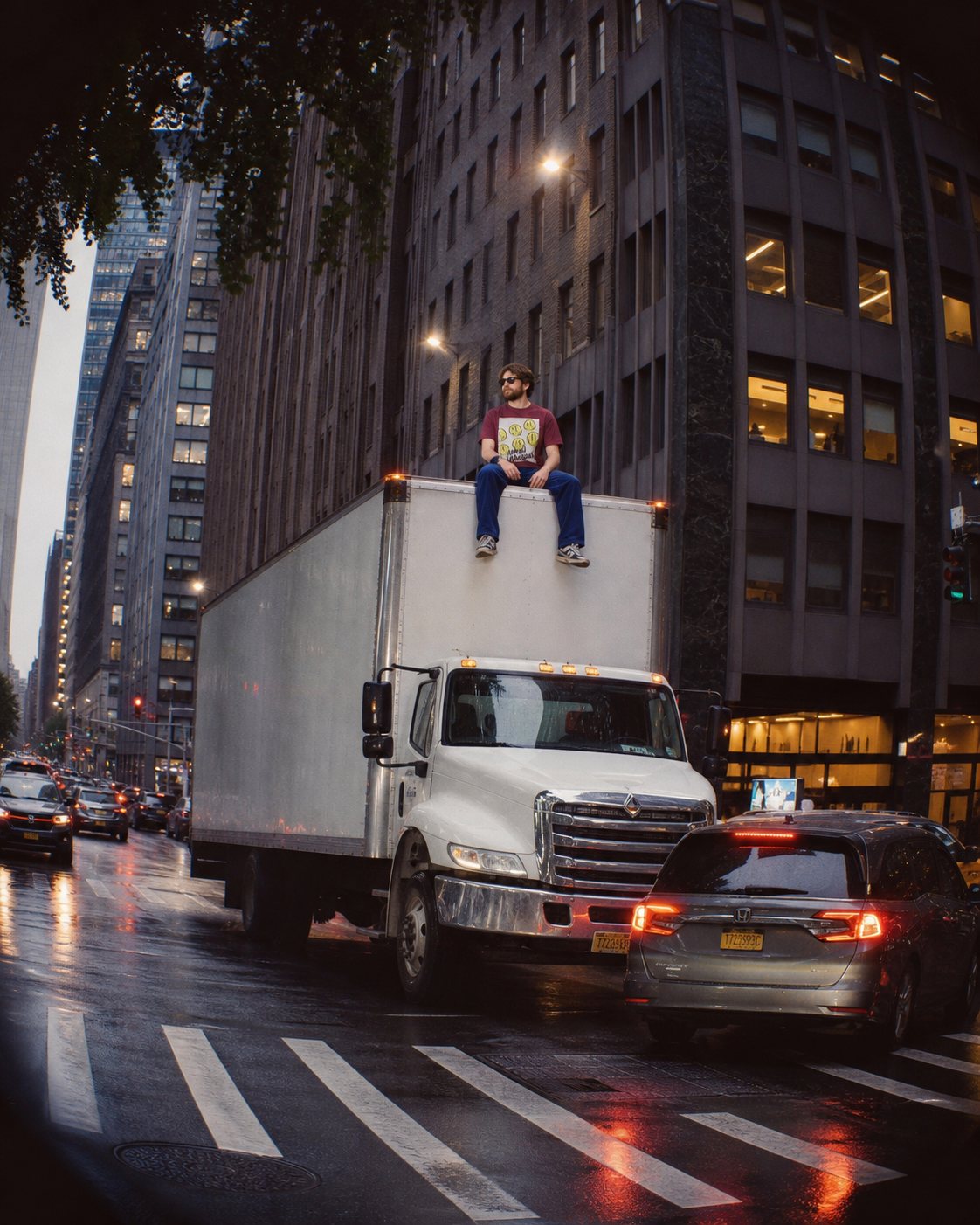 Model wearing the Rough Draft Money Laundering print on demand graphic t-shirt on a city truck in New York at night, wide lifestyle photo.